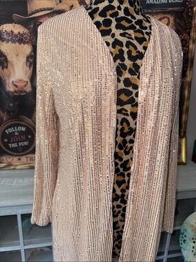 NWT ANGELA PLUS Women's Long Sequined Open-Front Duster- Blush/Taupe Size 1XL